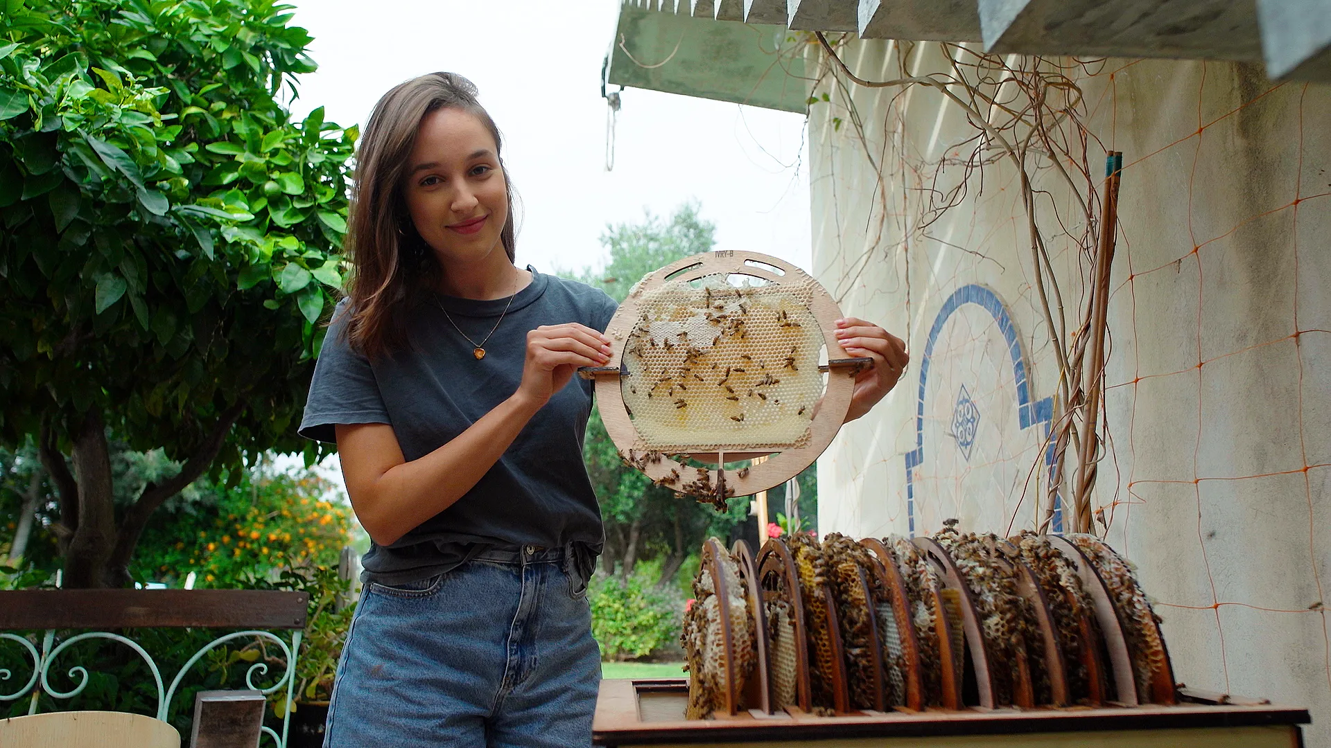 Beekeeper observing an Ivry-B hive in a backyard garden